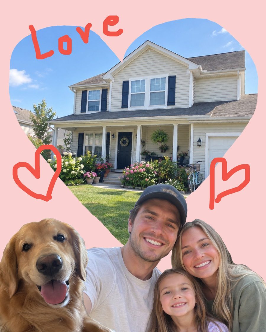 A page titled Love: a family and their dog in front of a house cut into a heart shape
