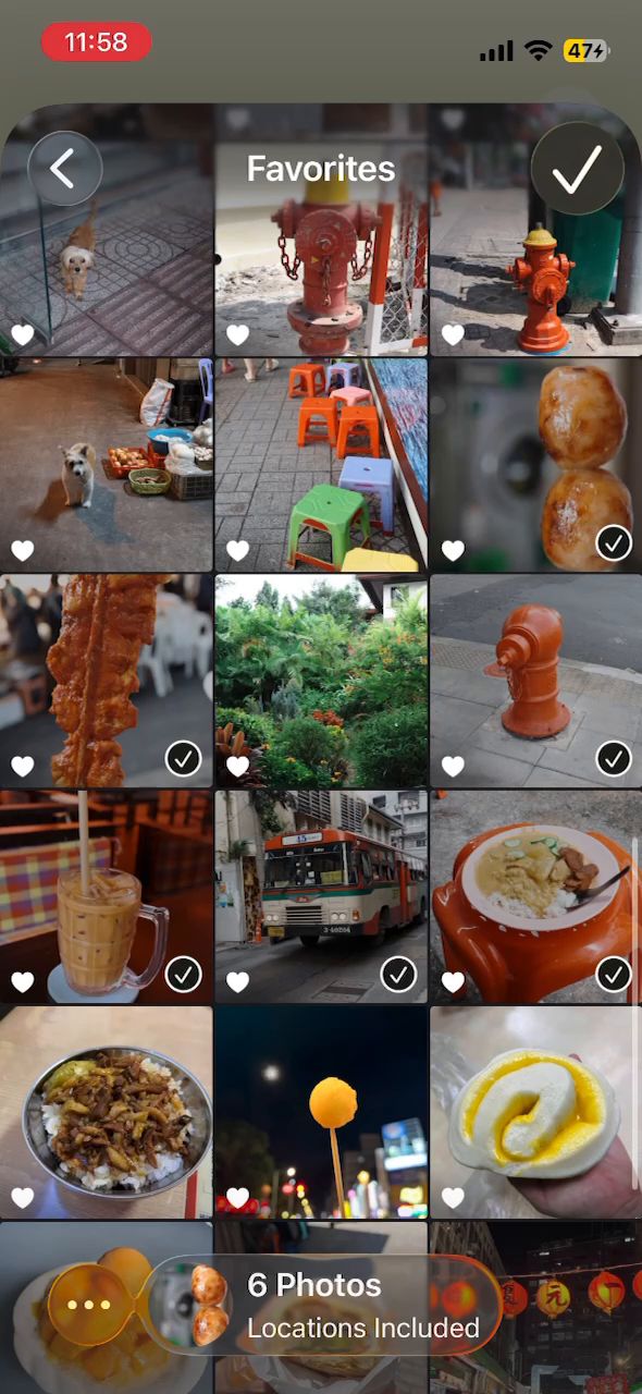 The iOS photo picker with six photos selected