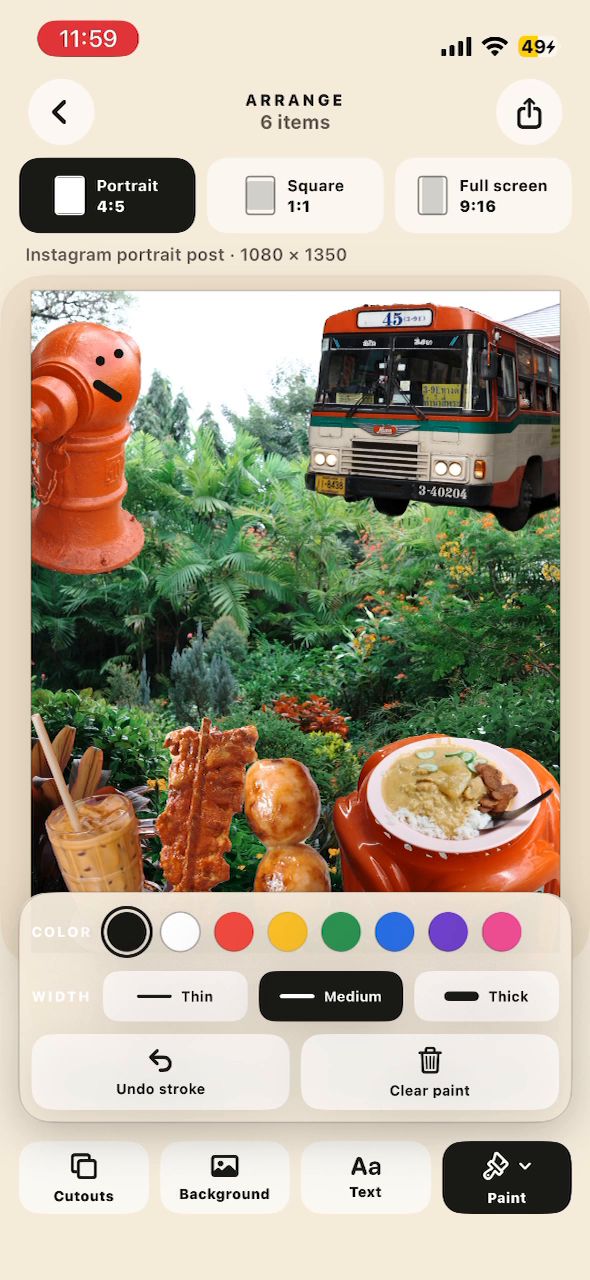 The Paint panel with eight colors and three brush sizes; a smile being drawn on a hydrant