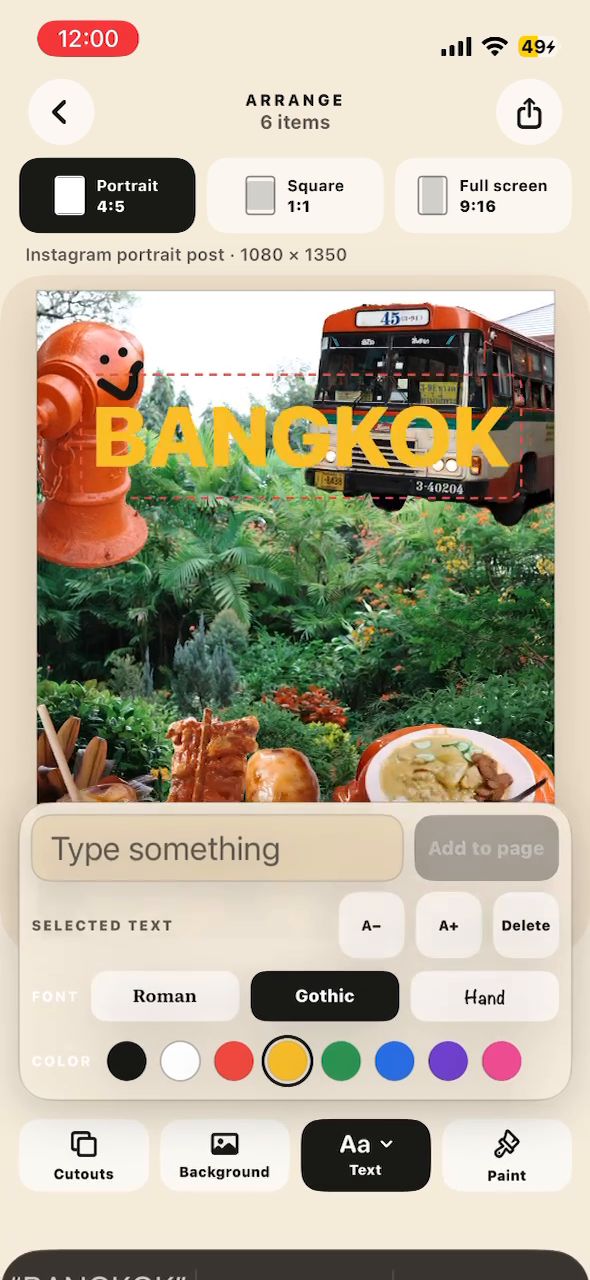 The word BANGKOK placed on the page with the Text panel open