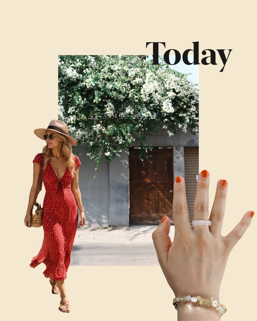 A page titled Today: a woman in a red dress, a wall of white flowers, and a hand with a ring